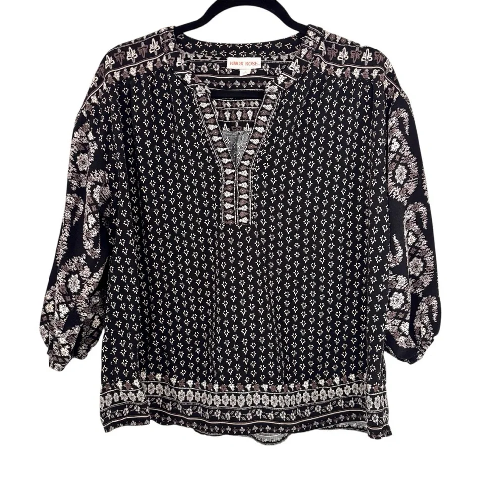 Knox Rose Black and Cream Boho Patterned Blouse Sz Large - Picture 2 of 8
